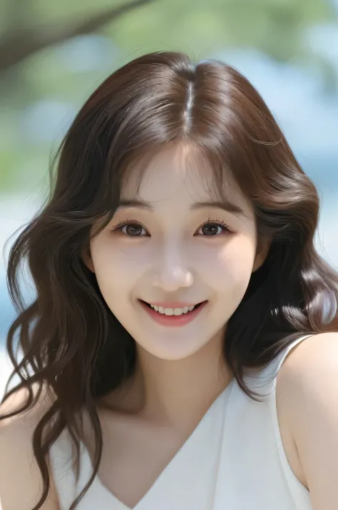 Women in their 20s, Korean women, real photo, realistic, upper body, close-up, smile, wavy hair, basic white dress