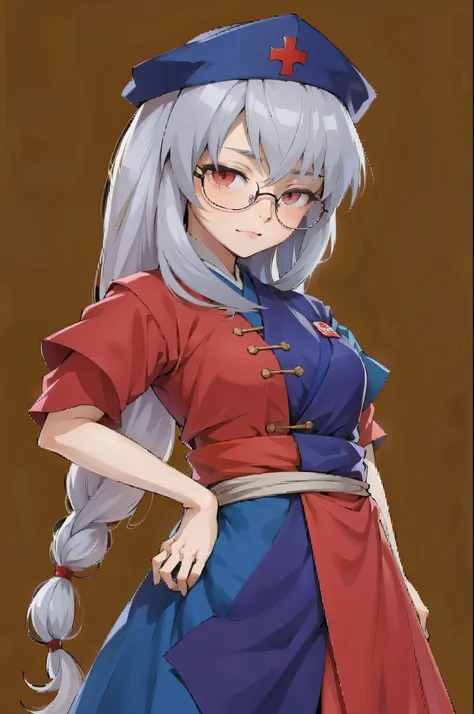 アニメ in the badass anime style, Eirin Yagokoro, Lunarian, medical genius, long silver hair, red eyes, white doctors coat, blue or purple kimono, traditional Japanese doctors hat, glasses, calm and thoughtful expression, in front of a house in the era of Feu...