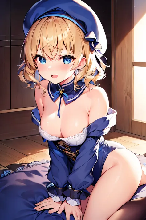 (4K、High resolution image quality、Detailed light、Detailed Shadows、Detailed Design)、1 girl、Blonde、Short hair that is not too long、Fluffy curly hair、Blue and black clothes、beret、(Aggressive design)、((Modest chest、Small breasts))、leotard、barefoot、Shameless、Re...