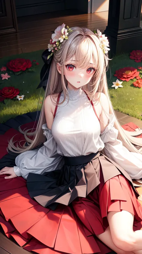 realisitic, 1 girl, red eyes, glare eyes, top cut, overskirt, parted lips, blush, natta, flowers, floor, floorlight,