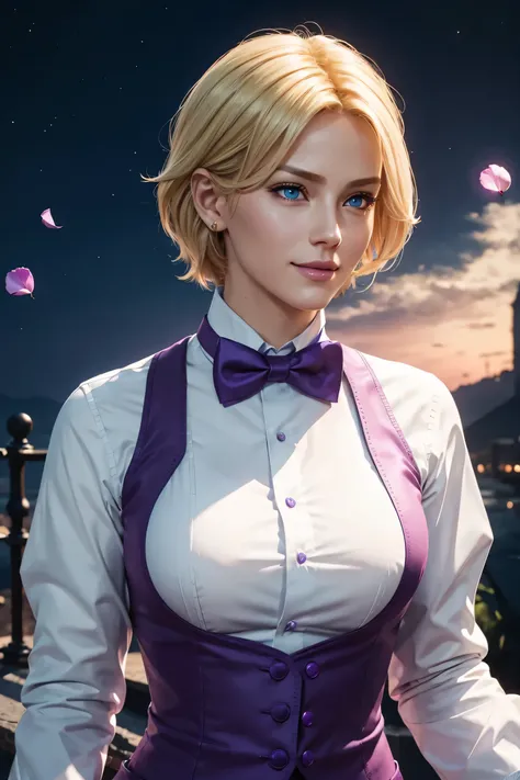 KOF,King of Fighters,King,Blue Eyes,Blonde Hair,Medium Hair,White long shirt,Purple vest,A bow tie,Beautiful white skin,Photorealistic,Ultra HD,high quality,masterpiece,Digital SLR,Detailed details,Intricate details,Anatomical basis,Depicted in detail,A de...