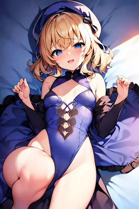 (4K、High resolution image quality、Detailed light、Detailed Shadows、Detailed Design)、1 girl、Blonde、Short hair that is not too long、Fluffy curly hair、Blue and black clothes、beret、(Aggressive design)、((Modest chest、Small breasts))、leotard、barefoot、Shameless、Re...