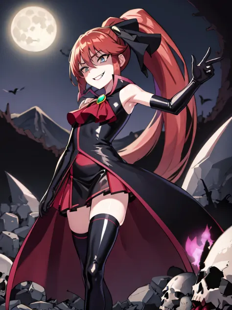 Highest quality, masterpiece, One Girl,Not beautiful, Red Ponytail, Long dress, brooch, Hair Ribbon,  Black knee socks, Standing on the rubble,  , ,,Dark shadow face,Sadistic laugh,,Malice,Contempt,smile,latex,Bad face,,Red Skirt,both hands,Two legs,Five F...