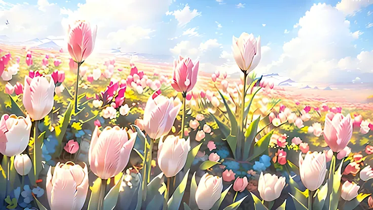 there are many pink flowers that are growing in the grass, flower background, tulips, tulip, background natural flower, floral environment, flowers in background, surrounded flower, flowers background, pink flowers, bloom and flowers in background, backgro...