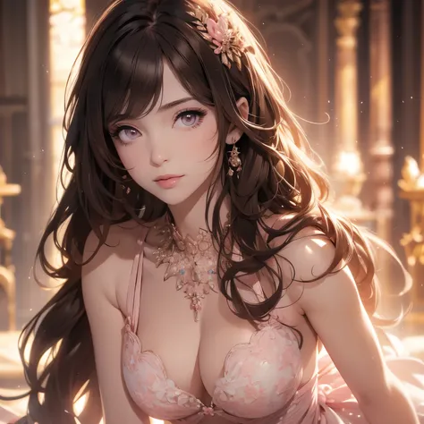 ((masterpiece)),((best quality)),((High detail)),((Realistic,)), 1 woman, sensual expression, elegant makeup, long brown hair, seductive eyes, bright lips, sexy pose, (beautiful face detailed: 1.0), smiling, feminine approach, small pink bra, big breasts, ...