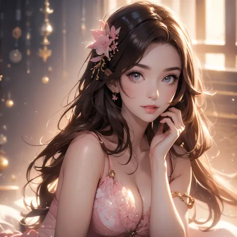 ((masterpiece)),((best quality)),((High detail)),((Realistic,)), 1 woman, sensual expression, elegant makeup, long brown hair, seductive eyes, bright lips, sexy pose, (beautiful face detailed: 1.0), smiling, feminine approach, small pink bra, big breasts, ...