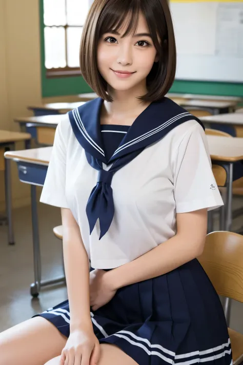 Highest quality, Soft Light, Ultra-high resolution, (Realistic:1.4), RAW Photos, whole body、Knee Shot, Of Japanese, alone, cute, (pupil, Light in your eyes), Beautiful face in every detail, (Beautiful straight bob hair all the way to the ends:1.3), Natural...