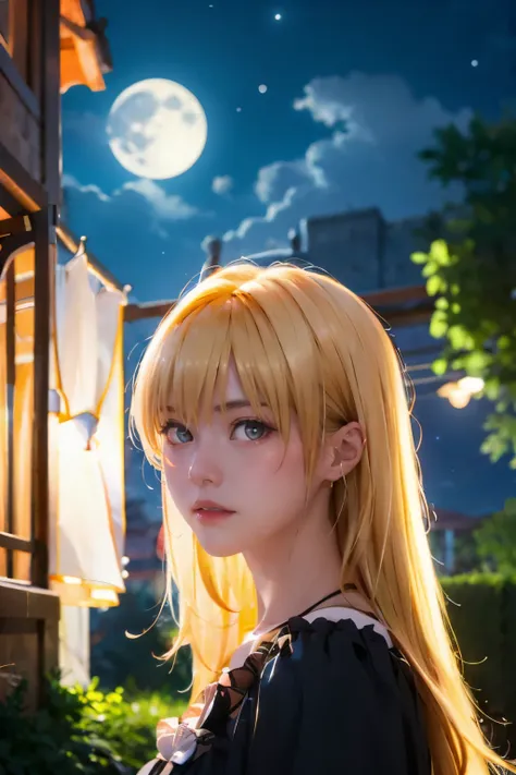 yami , star night, stars , night , outside, moon, full moon, blonde_hair, red eyes