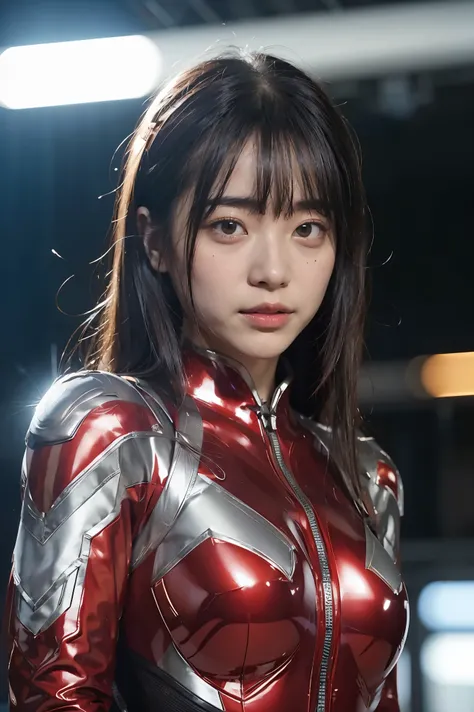 ultraman、realistic、realistic、movie light, Young woman in a shiny red and silver suit、、professional photos、wear'Don't expose your skin., Japanese model, Japanese CGI、ultraman Suit、, Power Rangers set、Tight and thin cyber suit,Full body rubber、there&...