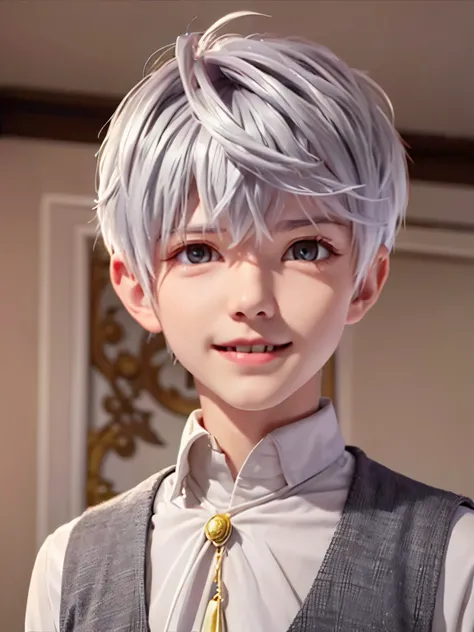  1boy, solo, male focus, lugh_tuatha_de, grey hair, grey eyes, short hair, hair between eyes, bangs,Sit in the kingdom,smile