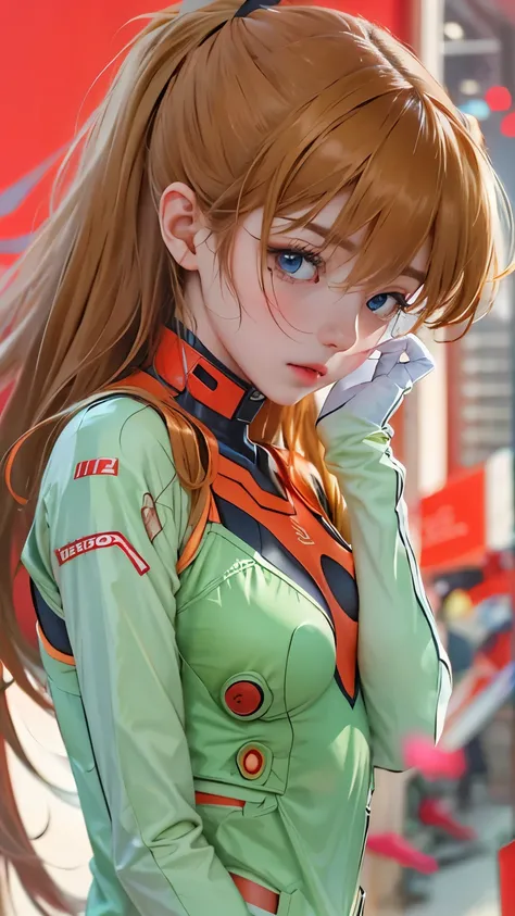 solo、Plug Suit 02、Shikinami Asuka Langley、Evangelion、Repairing a torn plug suit with red tape、Upper Body、Close up on face、Slender girl、Moderate bust