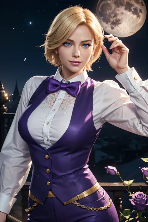 KOF,King of Fighters,King,Blue Eyes,Blonde Hair,Medium Hair,White long shirt,Purple vest,A bow tie,Beautiful white skin,Photorealistic,Ultra HD,high quality,masterpiece,Digital SLR,Detailed details,Intricate details,Anatomical basis,Depicted in detail,A de...