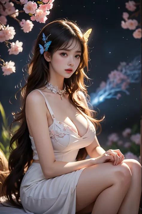 torn shirt metal collar elegant posture, She gently lifted her skirt with one hand,头发周围有白色的Butterfly兰，Lilac dendrobium、White Lily, Long legs , Deep in Wonderland, ((Flowing long hair))Official Art , Unity8k Wallpaper , Extremely detailed , Visible cleavage...