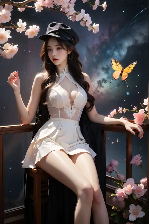 outfit-gladiia,hat elegant posture, She gently lifted her skirt with one hand,头发周围有白色的Butterfly兰，Lilac dendrobium、White Lily, Long legs , Deep in Wonderland, ((Flowing long hair))Official Art , Unity8k Wallpaper , Extremely detailed , Visible cleavage, Pre...