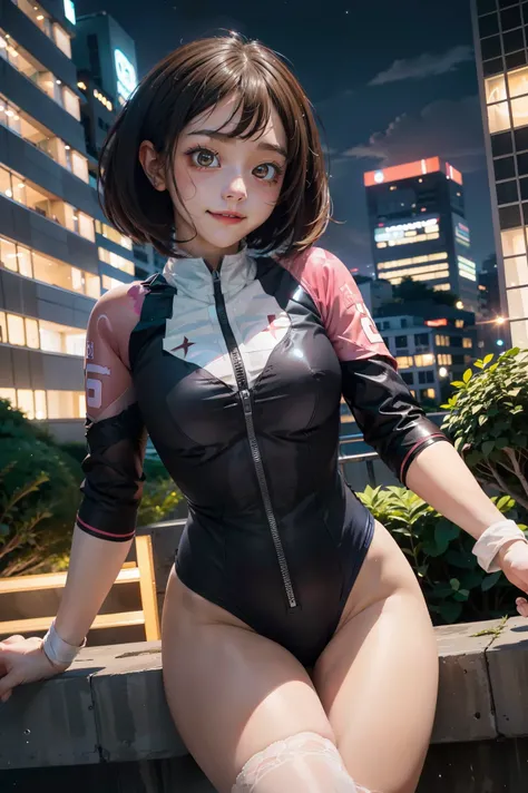 Ochako Uraraka  ,1 girl , anime , Masterpiece  ,  satisfied smile ,short hair, hero uniforme  leotard fio-dental sexy , thigh ,Uravity  , Medium bust , thigh , night city, sexy 