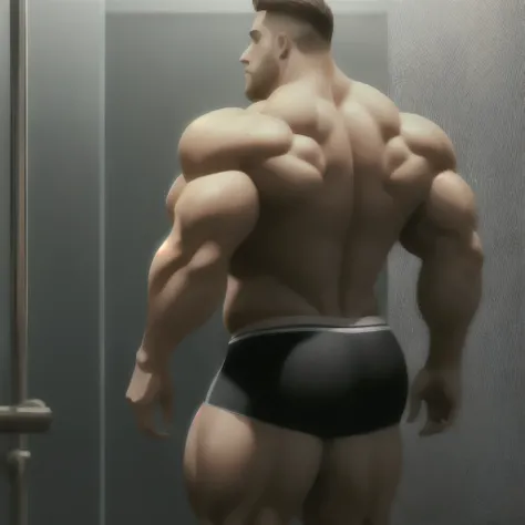 Homme musclé sous la douche du gymnase, behind, torse nu, full body picture, sous-vêtements fins et serrés, big fat ass, realistic image, ultra HD, 32k high definition