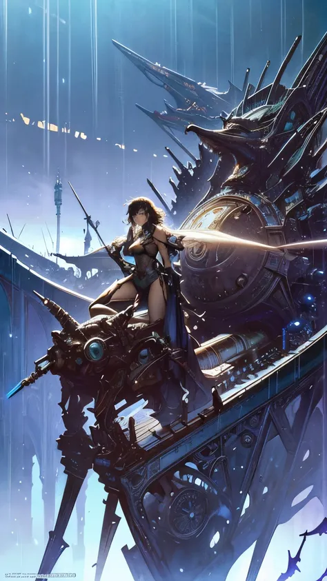 Arthur Rackham, Hajime Sorayama, Katsuya Terada, John Harris, Peter Andrew Jones, Surrealism, mysterious, strange, bizarre, fantasy, Sci-fi, Japanese anime, ocean flowing into space, rain of light, space colony, beautiful girl in a space suit, perfect volu...