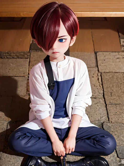 1boy, solo, male focus, kyoutarou_ichikawa, bright red hair, blue eyes, short hair, hair over one eye, bangs,sitting on the grou...