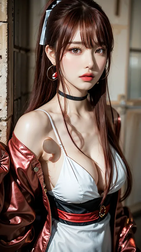 Hair above one eye, Red eyes, Clear Eyes, choker, Open jacket, Against the wall, Shine,Anime Style, Film Portrait Photography, 1 female, 22 years ago, Whole Body Ezbian,Big and ample breasts, (Scarlet Hair), Long Hair, Wearing a short black dress, (Natural...