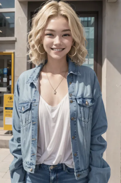 One blonde girl, her hair is short and wavy,Upper Body、 smile、Beautiful teeth alignment、、Ear piercing、necklace、Denim jacket、、shirt、In the background is the entrance to the building
