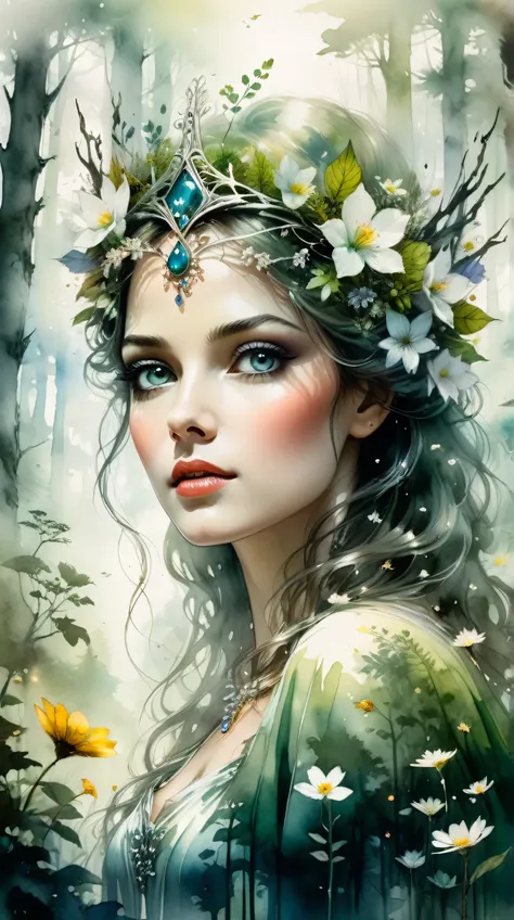 double exposure of a detailed pretty forest queen, shining eyes. bathing in a mist of flowers, wide shot, low upwards angle, Cel-Shaded line art in the background of a forestscape : double exposure : beautiful watercolor ink splash art water color paints, ...