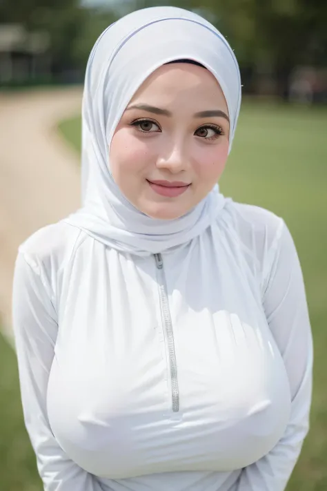 (Naked Sports Clothing), Chubby adorable, 1 girl, (face to face), ((baby face:1.2)), happy, half body portrait, (face details: 1), (eye details: 1), ((big breasts)). wearing transparent transparency soft soft, ((hijab)), .. Cute posed. proportional body. U...