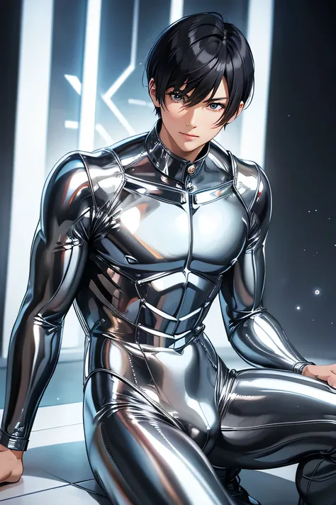 Handsome Japanese male models　　2　smile　　　Black Hair　　Short cut　Short bangs　looking at the camera　　　　　Shiny full-body silver suit　　　Shiny silver latex suit　Mega Bulge　　looking at the camera　future world　　　　　Face close-up　Above the chest　　　Fierce
