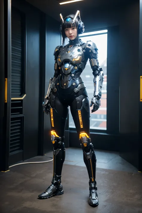 1 girl, alone, Wearing a mechanical suit, Mechanical wonders, cyberpunk, Cybernetics Guardians, Armor of the future, full body, front pose, symmetrical, complicated (Metal Iron [rust]), joint, Warframe Style, Cyborg, Male body and armor, Chainsaw Man 