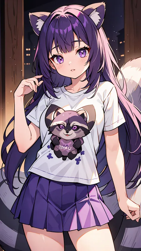 1,,triangular face,light purple eyes,long purple hair,Raccoon ears,Raccoon tail,lips,shiny hair,standing,home,short skirt,t-shirt,high resolution,high detail,very detailed