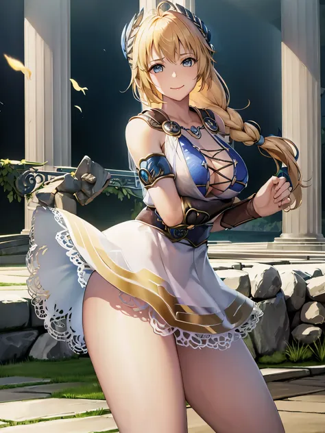 masterpiece, Highest quality,temple,Sophitia Alexandre,blonde,(Light blue sleeveless dress skirt),smile,