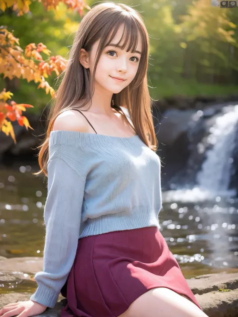 (Close up face shot of one slender small breasts half up blonde long hair with bangs girl in a long sleeves shirt and sweater and skirt:1.5)、(One blonde hair girl is dlooking back with sad smile on the dart road near the lake and big waterfall in Japan:1.5...