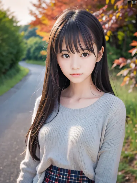 (Close up face shot of one slender small breasts half up brown long hair with bangs girl in a long sleeves shirt and sweater and skirt:1.5)、(One girl is looking back with sad face on the dart road near the river and big waterfall in Japan at sunset time:1....