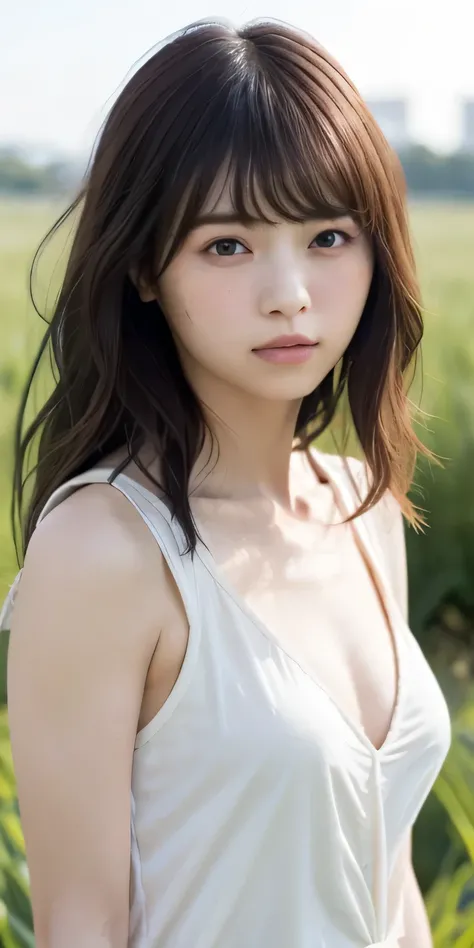 masterpiece、Highest quality, Ultra-high resolution、8k，photograph、1 girl, (Skin dents), {{Large Breasts:1.6}}, bright, Blurred Background, (Asymmetrical bangs, Please comb your hair、very long wavy hair:1.5),   (Floating Hair:1.0)、（Overalls on bare skin）、sof...