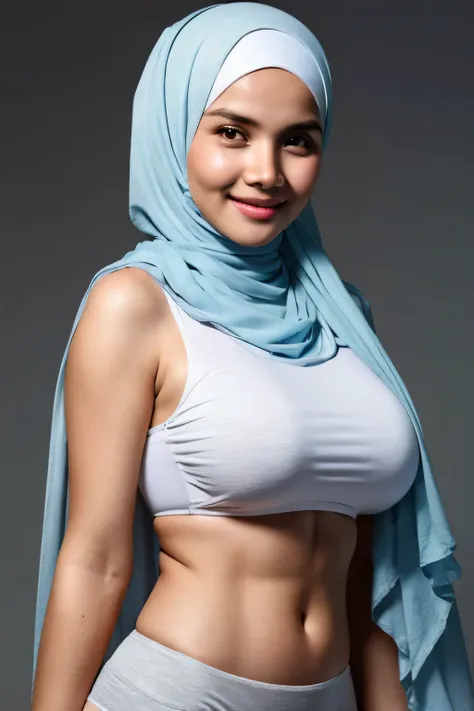 (Naked Sports Bra), Chubby adorable, 1 girl, (face to face), ((baby face:1.2)), happy, half body portrait, (face details: 1), (eye details: 1), ((big breasts)). wearing transparent transparency soft soft, ((hijab)), .. Cute posed. proportional body. Ultra ...