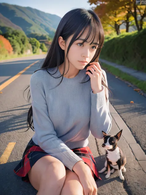 (Close up face shot of one slender small breasts dark silver long hair with swept bangs girl in a long sleeves shirt and sweater and skirt:1.5)、(One girl is looking back with sad face on the dart road near the lake and big waterfall in Japan at sunset time...