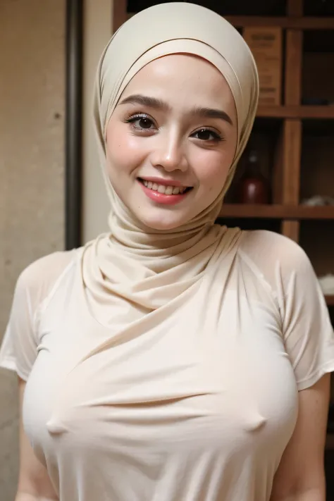 (Naked Sports Clothing), Chubby adorable, 1 girl, (face to face), ((baby face:1.2)), happy, half body portrait, (face details: 1), (eye details: 1), ((big breasts)). wearing transparent transparency soft soft, ((hijab)), .. Cute posed. proportional body. U...