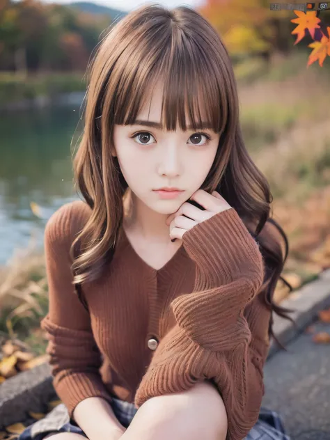 (close up face shot of one slender small breasts red brown wavy long hair with dull bangs girl in a autumn fashion shirt and swe...