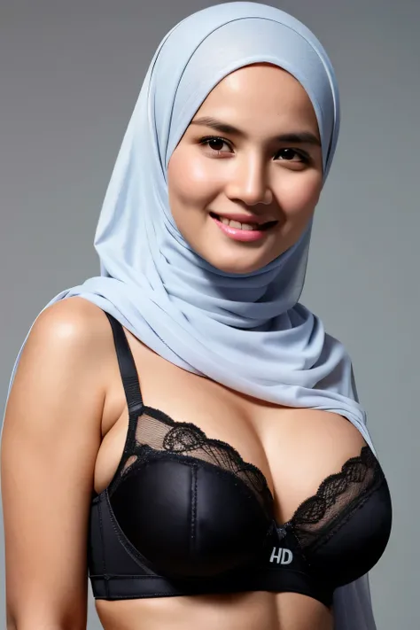 (Naked Sports Bra), Chubby adorable, 1 girl, (face to face), ((baby face)), happy, half body portrait, (face details: 1), (eye details: 1), ((big breasts)). wearing transparent transparency soft soft, ((hijab)), .. Cute posed. proportional body. Ultra High...