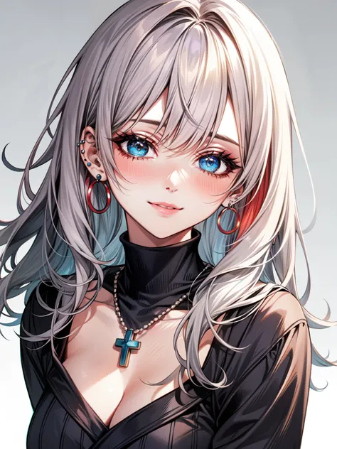 Niji Style, 1girl, solo, long hair, looking at viewer, silver eyeackground, white background, jewelry, closed mouth, jacket, upper body, red hair, earrings, blue eyes, necklace, front side, sweater, lips, eyelashes, makeup, wavy hair, piercing, cross, lips...