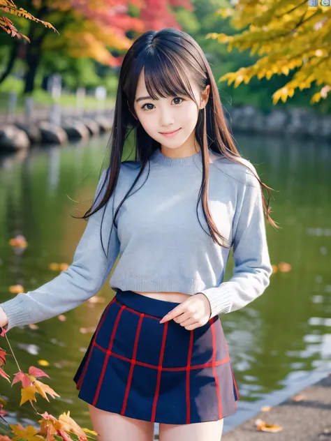 (Close up face shot of one slender small breasts dark silver long hair with swept bangs girl in a long sleeves shirt and sweater and skirt:1.5)、(One girl is dancing with happy smile on the dart road near the lake and big waterfall in Japan:1.5)、(Beautiful ...