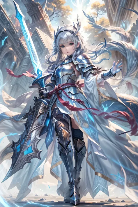 A female knight recognized by the legendary holy sword Excalibur、With the protection of the spirit of light, it emits an aura of light.、8k.Half Russian and half Japanese、Russian face、beautiful girl、A princess with the title of Dragon Slayer、、Small face、You...