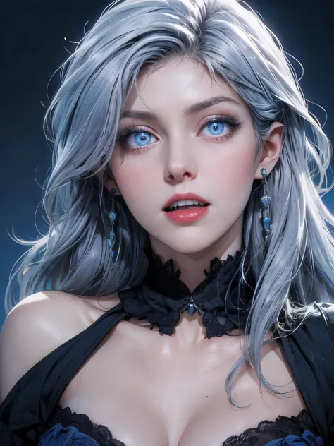 beautiful vampire woman in her 30s, with blue eyes and striking features, exuding maturity and allure in a seductive pose.(dark-blue background), pointy ears, (glowing blue eyes), ((big sharp fangs)), beauty, ((long white hair)), an14