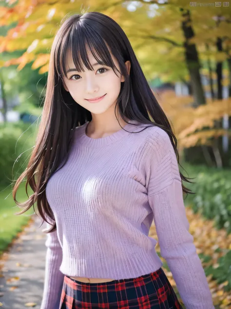 (Close up face shot of one slender small breasts half up brown long hair with bangs girl in a long sleeves shirt and sweater and skirt:1.5)、(One girl is dancing with happy smile on the dart road near the lake and big waterfall in Japan:1.5)、(Beautiful autu...