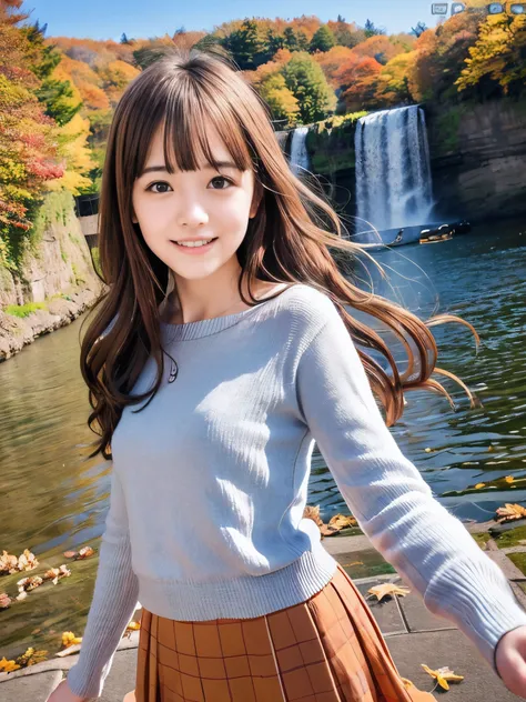 (Close up face shot of one slender small breasts red brown wavy long hair with dull bangs girl in a autumn fashion shirt and sweater and skirt:1.5)、(One girl is dancing with happy smile on the dart road near the lake and big waterfall in Japan:1.5)、(Beauti...