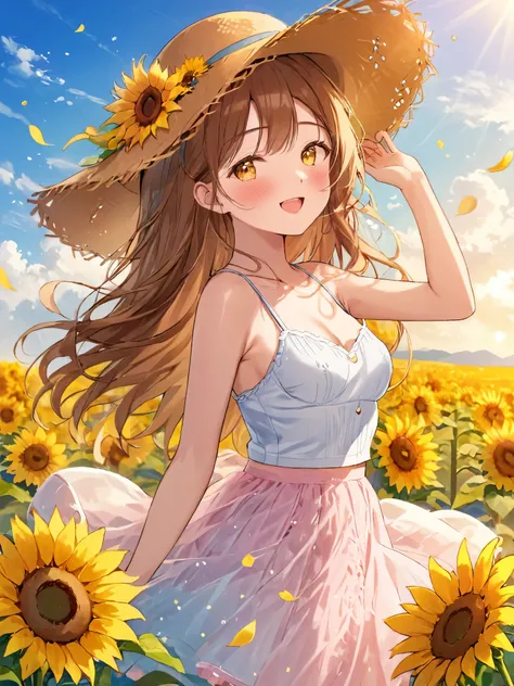 (shen ming shao nv),独奏, flower, outdoors, hat, long hair, sunflower, smile, day, looking at viewer, sky, open mouth, :d, breasts, sleeveless, bare shoulders, cloud, skirt, yellow eyes, bare arms, collarbone, pink skirt, petals, very long hair, yellow flowe...