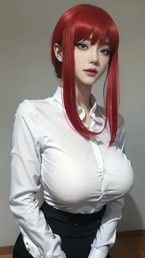 anime cosplay, 1 girl, wide range photoshoot, wide range, milf, beautiful face, clear face, hot body, wearing office suit, white...