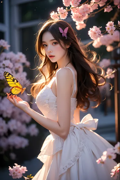 beautiful dance pose, she gently lifted her skirt with one hand,头发周围有白色的butterfly兰，lilac dendrobium、white lily, long legs , deep...