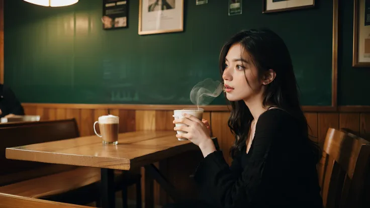 In a coffee shop filled with dark green tones，Photo of a beautiful woman drinking coffee elegantly