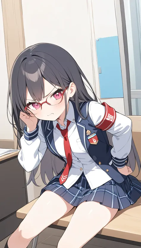 school student council president、school uniform、glasses、black hair、long hair、student council president armband on uniform,angry、...