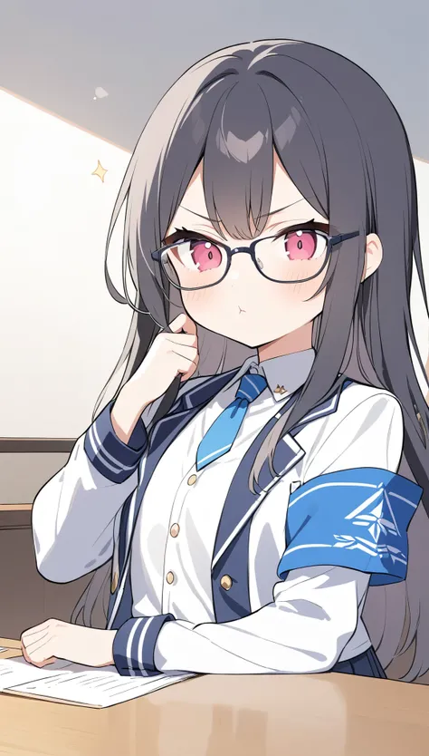 school student council president、school uniform、Glasses、Black Hair、long hair、Student council president armband on uniform、sulky look、pout,独奏